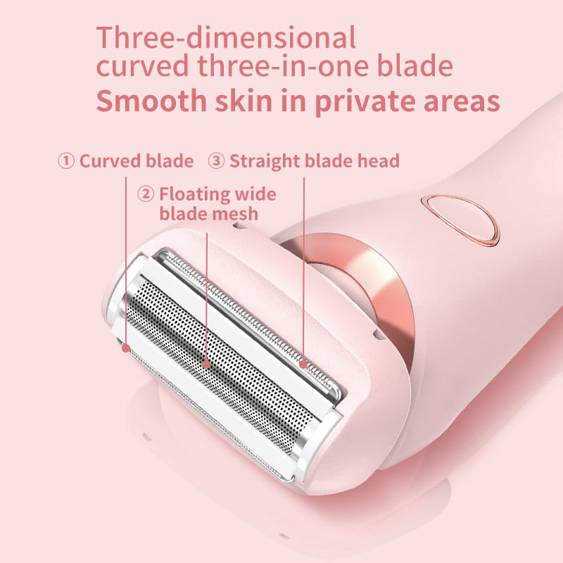 Pink and white 2 in 1 hair removal epilator with LED display featuring a three-in-one curved blade and floating wide mesh design for efficient hair removal.