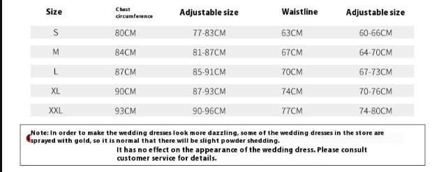 the image displays a size and measurement table for the french retro bride main yarn long sleeve wedding gown, featuring chest circumference, adjustable size, and waistline details for the yarn long sleeve design.
