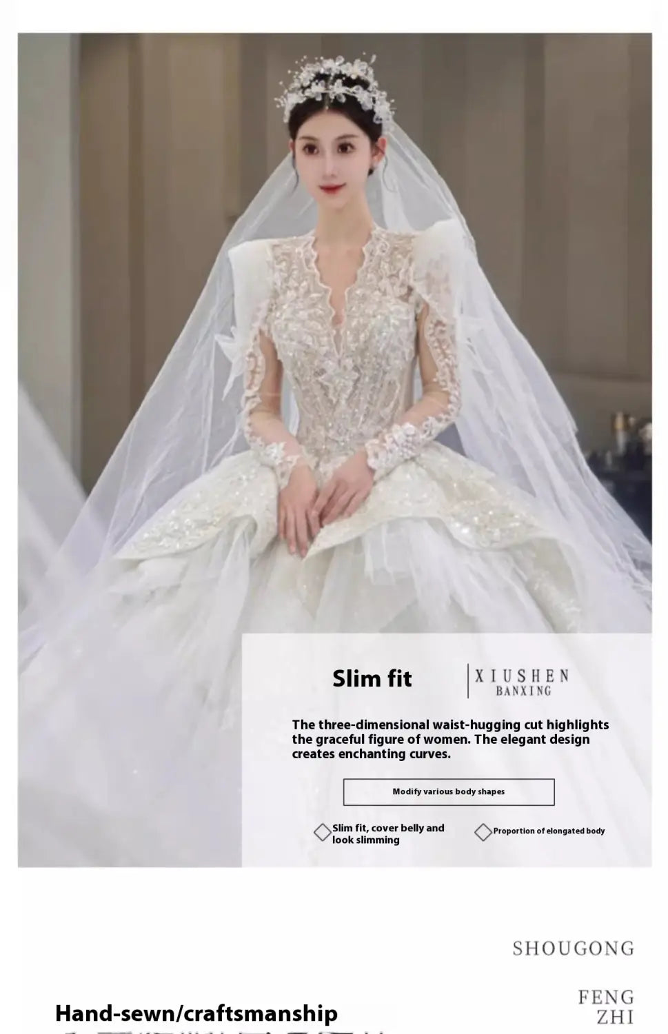 A white hand-sewn french retro bride main yarn long sleeve wedding gown with intricate lace detailing and a voluminous skirt.