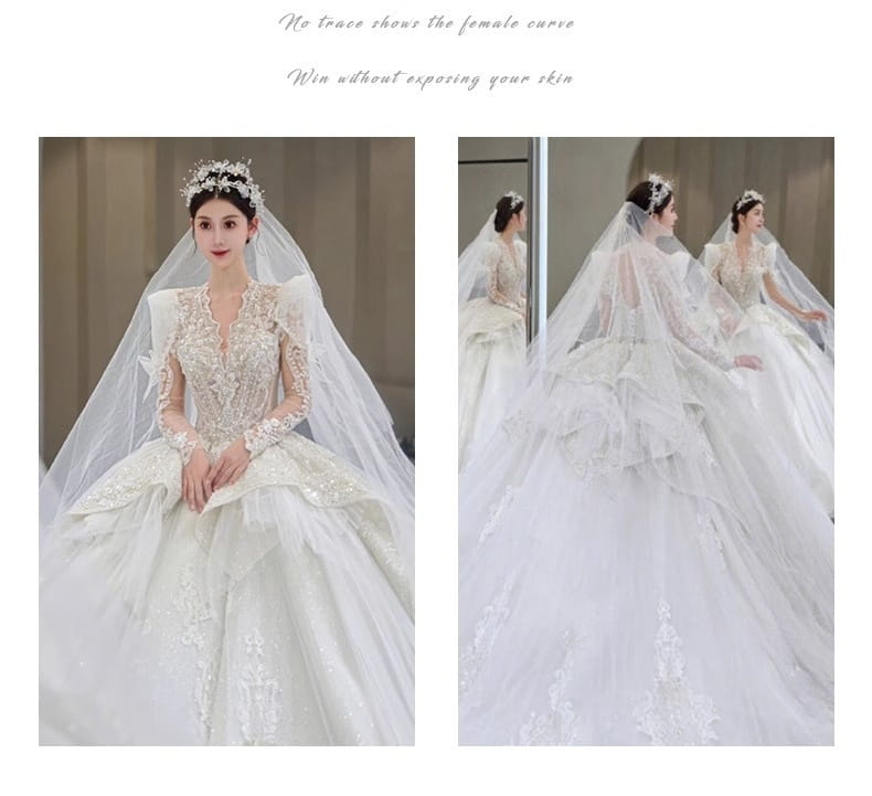 a white heavily embellished French retro bride main yarn wedding gown featuring intricate lace and beading details with main yarn long sleeve design