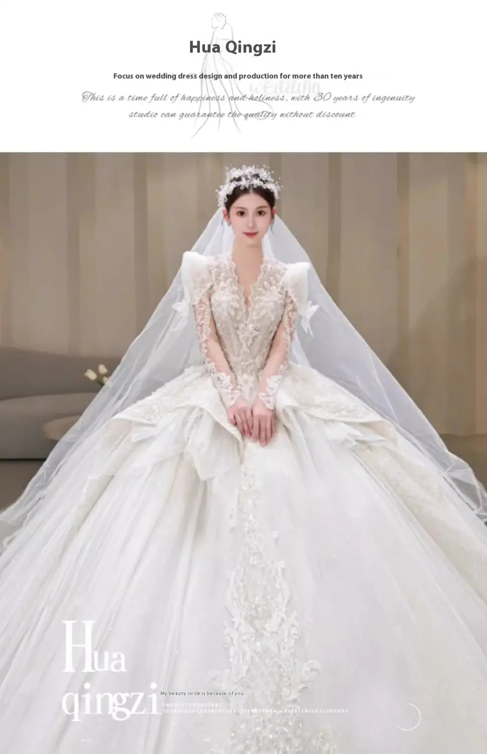 a bride wears a french retro bride main yarn long sleeve wedding gown in white with intricate lace detailing and a flowing veil