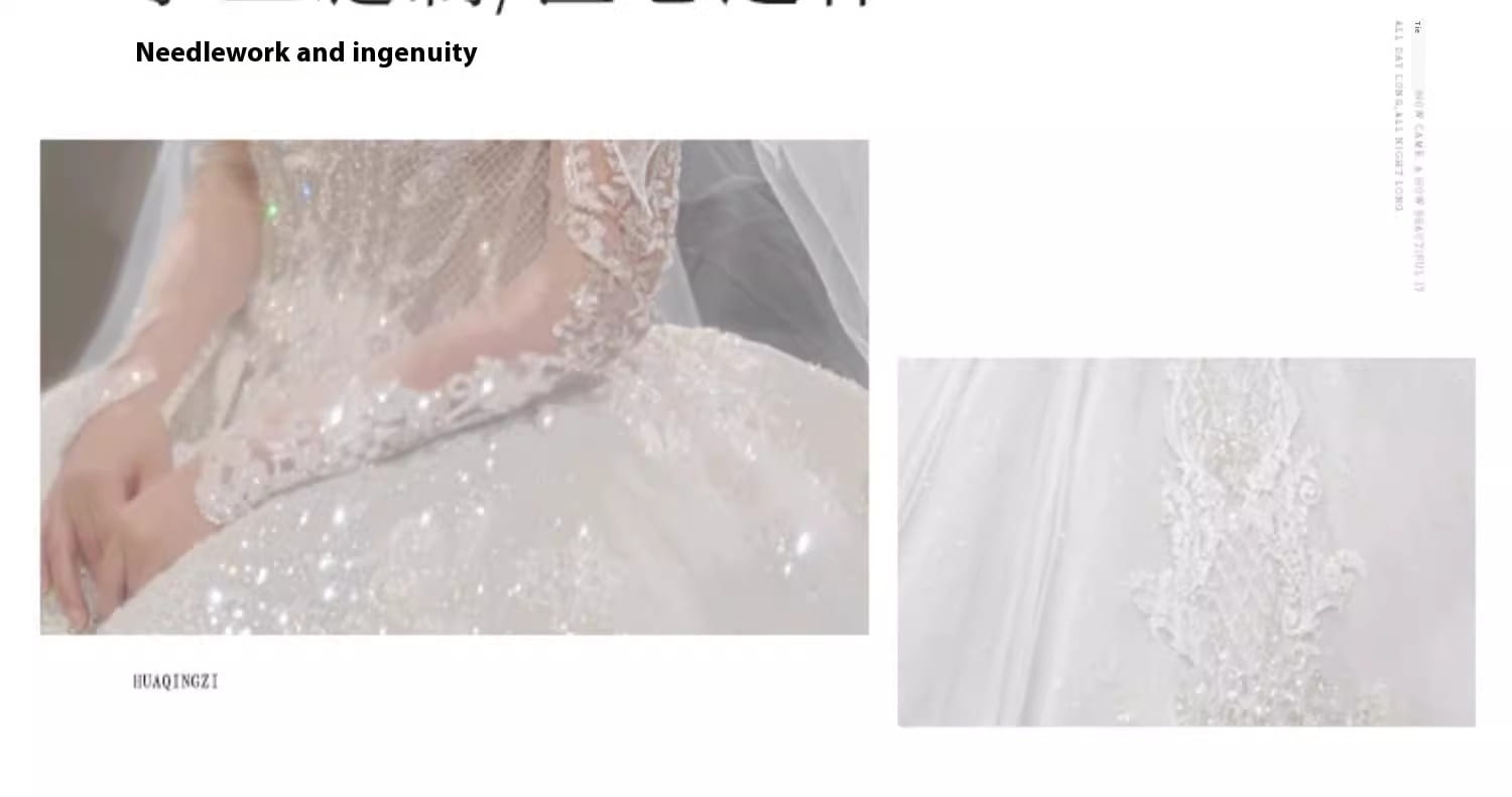 a delicate white lace bride main yarn wedding gown featuring intricate beading and sparkling embellishments with main yarn long sleeves designed for a French retro bride