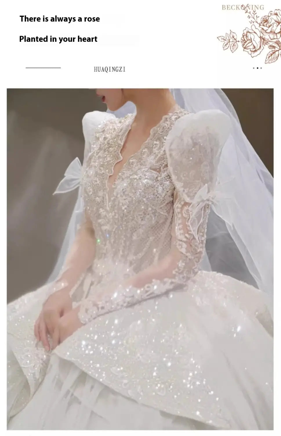 a shimmering white bride main yarn wedding gown with intricate lace, sparkling sequins, puffy yarn long sleeves, and a flowing veil designed for a elegant bridal look