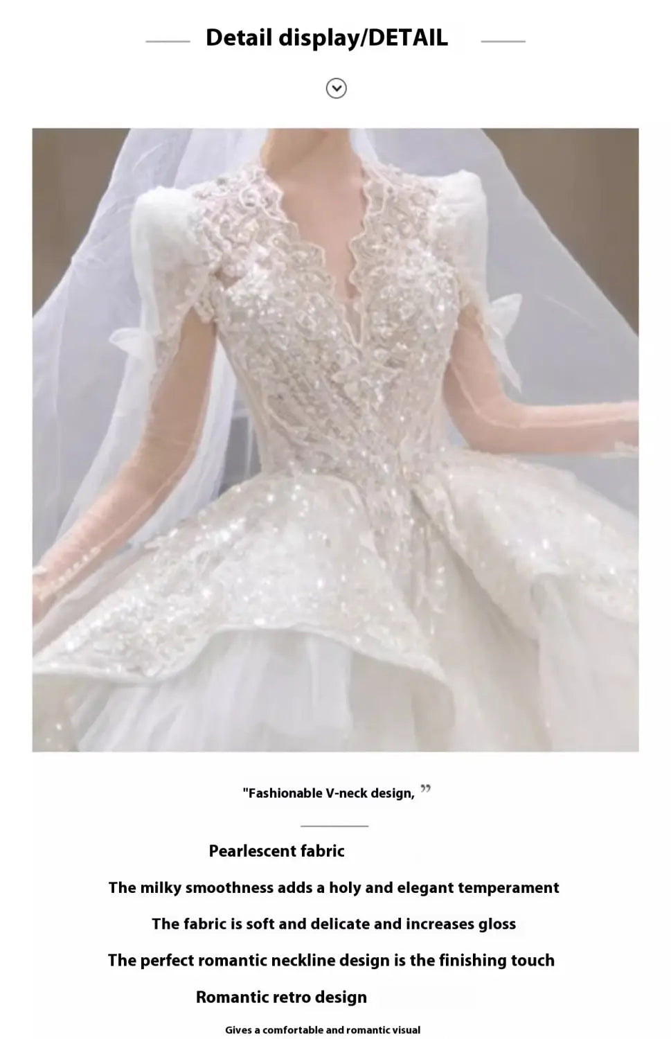 A white French retro bride main yarn long sleeve wedding gown featuring intricate lace and beaded embellishments with a v-neckline and a flowing skirt.