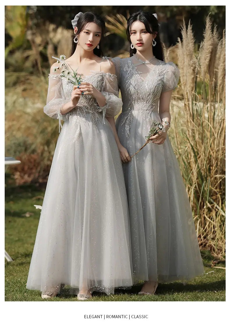 Elegant silver gray tulle sisters dress female featuring delicate lace detailing and sheer puff sleeves in a beaded dress female gray design.