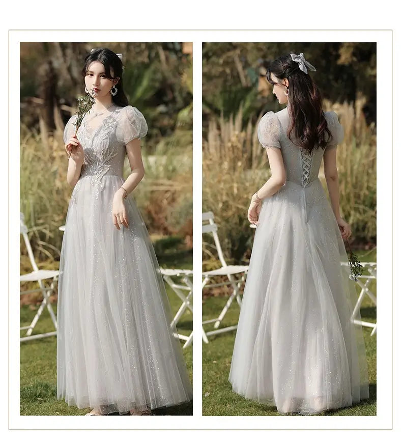 silver gray tulle sisters dress female with delicate sheer puff sleeves sparkling bodice and elegant back lace-up design shown from the back