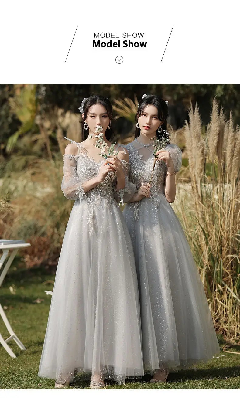 Elegant silver gray tulle sisters dress female featuring intricate lace detailing and sparkling embellishments perfect as a dress female gray for special occasions.