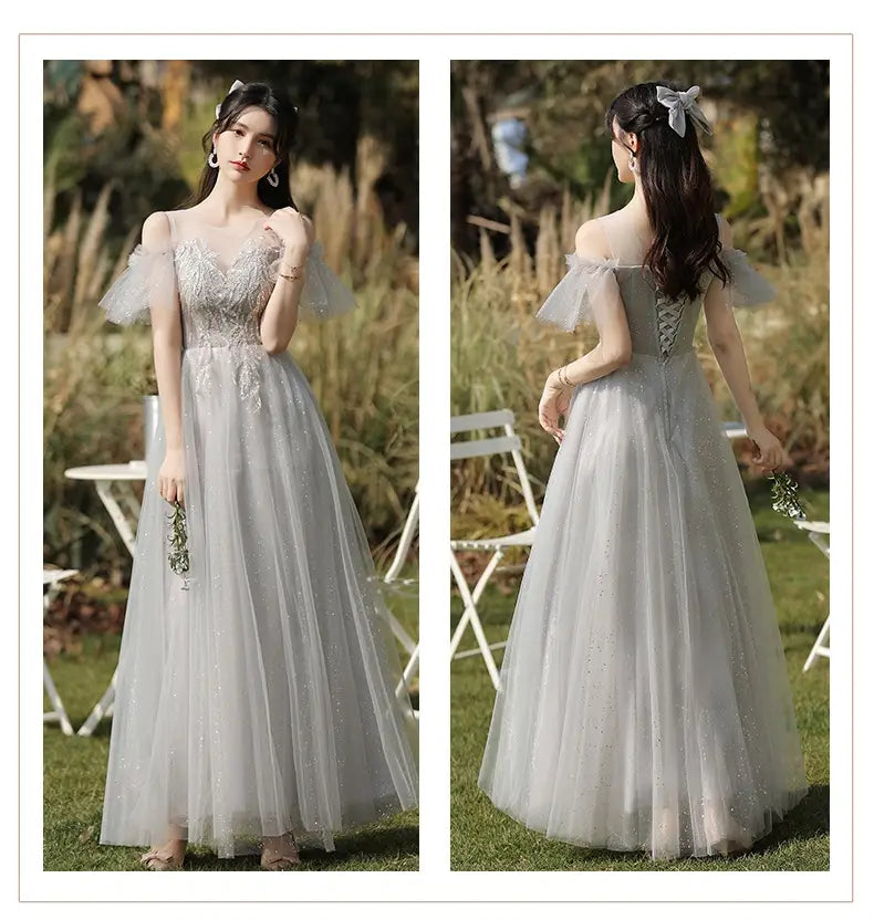 A shimmering silver gray tulle beaded dress sisters dress featuring an off-the-shoulder design with delicate lace detailing and a flowing skirt.