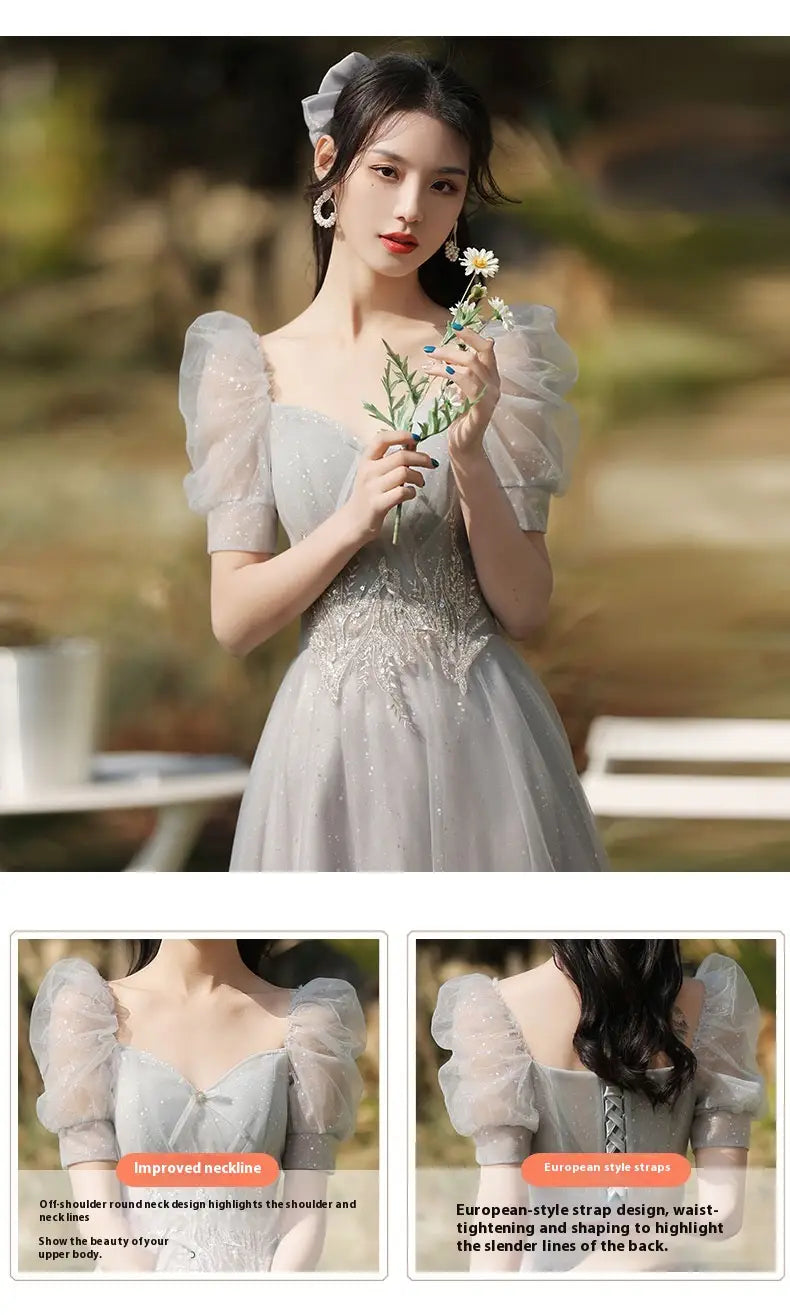 A delicate light gray tulle dress sisters dress featuring puffy short sleeves and a sparkling beaded bodice for a dress female gray occasion.