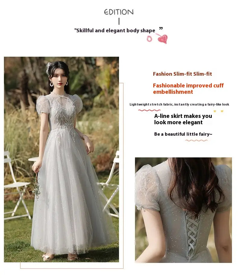 A delicate light gray a-line sisters dress female made of lightweight stretch fabric with intricate silver embellishments and sheer puff sleeves.