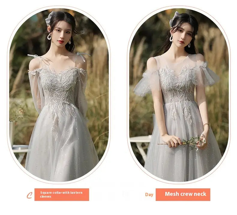 A delicate silver gray tulle beaded sisters dress female featuring intricate silver beading and sheer off-the-shoulder sleeves.