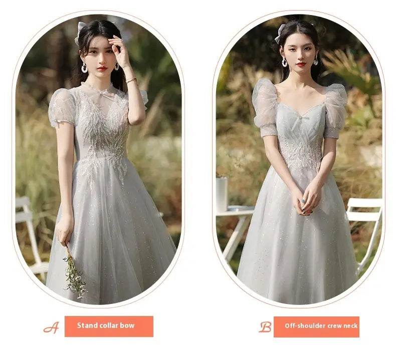 A delicate silver gray tulle sisters dress female featuring intricate silver beading, puff sleeves, and a stand collar bow or off-shoulder crew neck design.