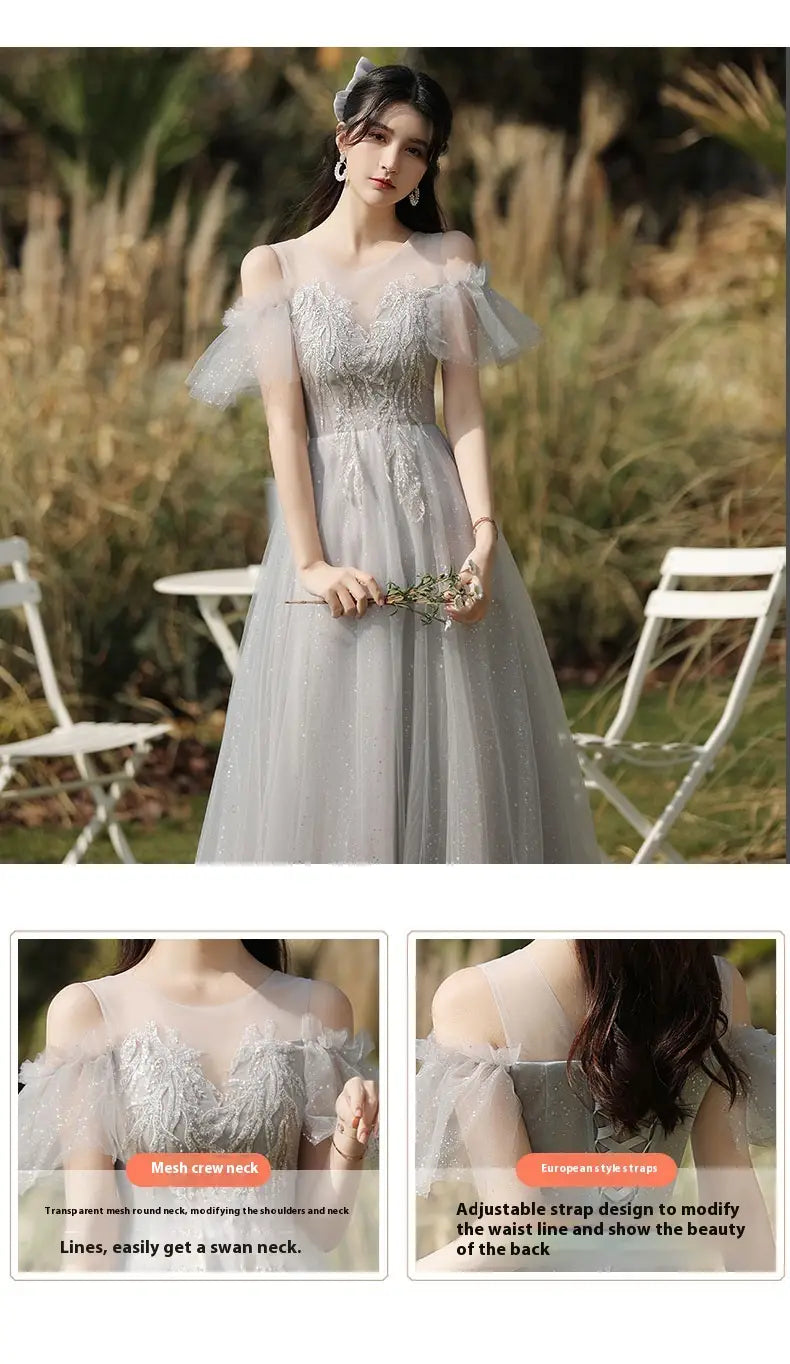 a delicate silver gray tulle sisters dress female featuring intricate lace detailing and off-the-shoulder mesh straps in a dress female gray style