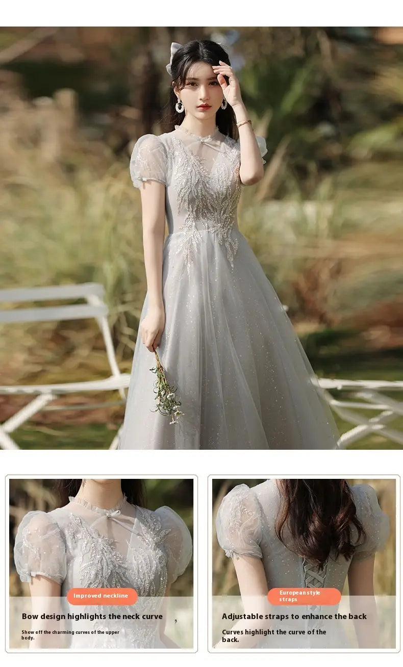 a delicate silver gray tulle sisters dress female featuring intricate beading and puff sleeves in a lace fabric design