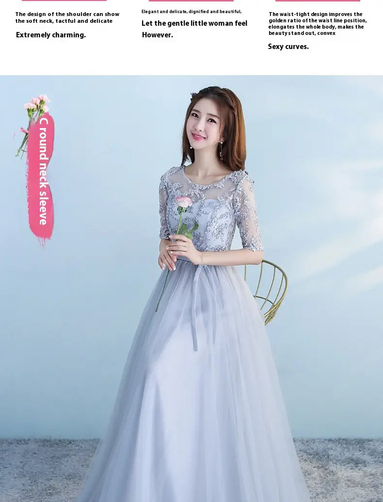 A long bridesmaid blue lace and tulle dress with delicate light blue lace, three-quarter sleeves, and a flowing tulle skirt ideal for a bridesmaid blue wedding or blue wedding dress occasion.