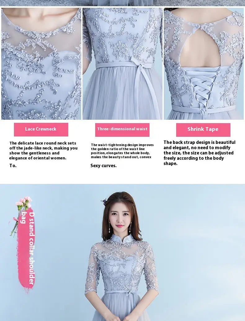 A light blue lace and tulle long bridesmaid blue dress with a delicate round neckline, three-dimensional waistband, and back strap design suitable for bridesmaid blue wedding occasions.