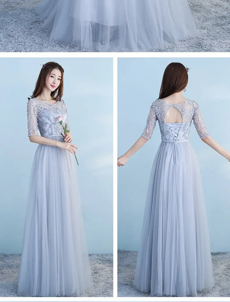 a delicate long bridesmaid blue lace and tulle dress with three-quarter sleeves back lace-up design and an elegant flowing skirt ideal for bridesmaid blue wedding looks