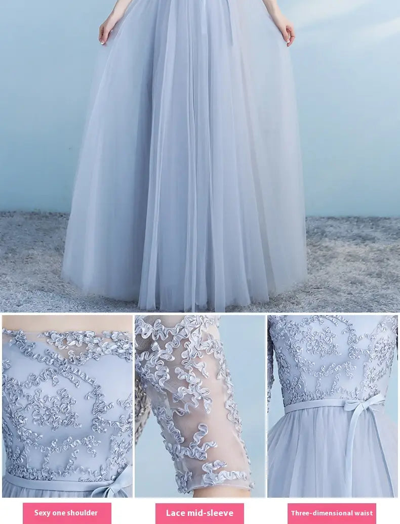 a long bridesmaid blue lace and tulle dress featuring a delicate lavender tulle gown with intricate silver lace detailing on the one-shoulder bodice and mid-sleeve and a three-dimensional waist tied by a matching ribbon suitable for blue wedding dress occasions.