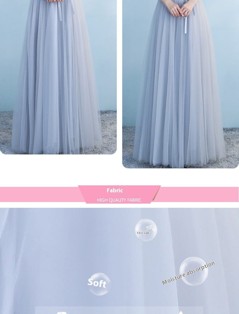 a long bridesmaid blue lace and tulle dress with sleeves featuring a flowing light blue tulle skirt made of soft, thin, and breathable high-quality fabric for blue wedding dress occasions