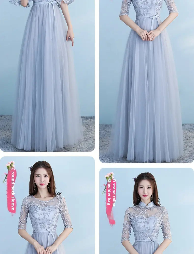 a long bridesmaid blue lace and tulle dress with a fitted bodice, three-quarter sleeves, and a flowing tulle skirt, ideal for bridesmaid blue wedding attire