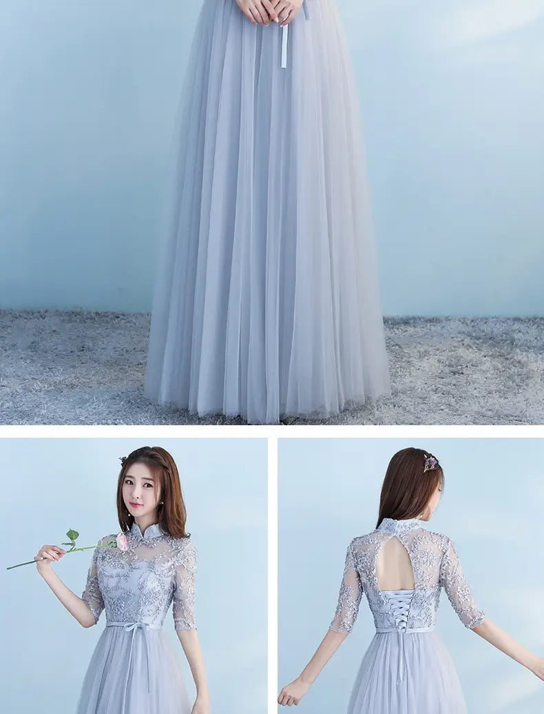 long bridesmaid blue lace and tulle dress with high neckline three-quarter sleeves and open back featuring lacing details for a blue wedding dress