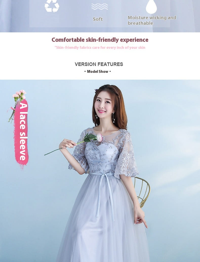 A long bridesmaid blue lace and tulle dress with sheer embroidered bodice sleeves and a flowing skirt suitable for a bridesmaid blue wedding.