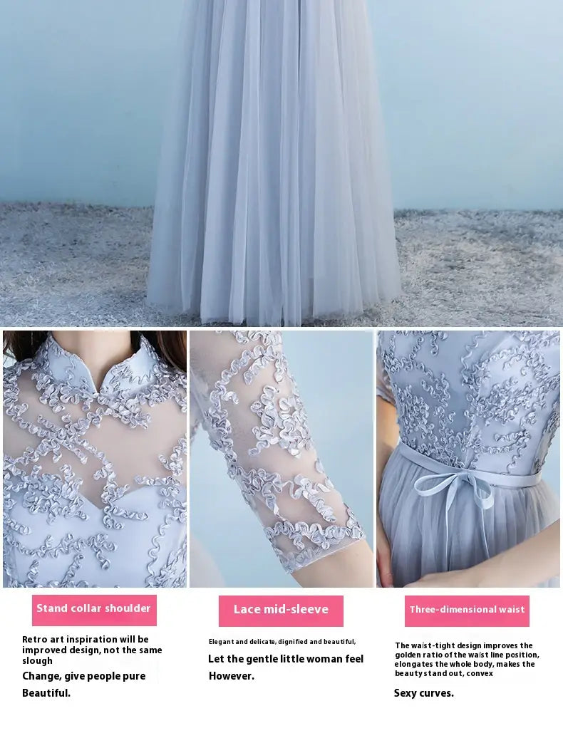 A long bridesmaid blue lace and tulle dress with a delicate lavender lace overlay, stand collar, mid sleeves, and a three-dimensional waist tie suitable for a bridesmaid blue wedding.