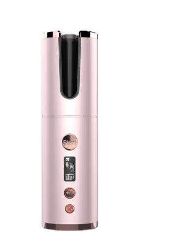 Rose gold electric curling iron with a sleek cylindrical design and digital display is a wireless rechargeable curling iron ideal for convenient styling.
