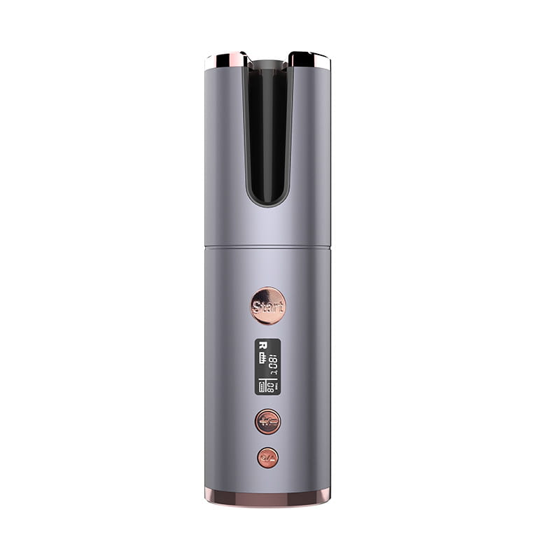 Silver and rose gold wireless rechargeable curling iron electric with digital display showing temperature settings.