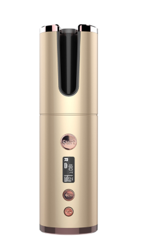 gold-colored cylindrical wireless rechargeable curling iron with digital display and control buttons designed for efficient hair styling