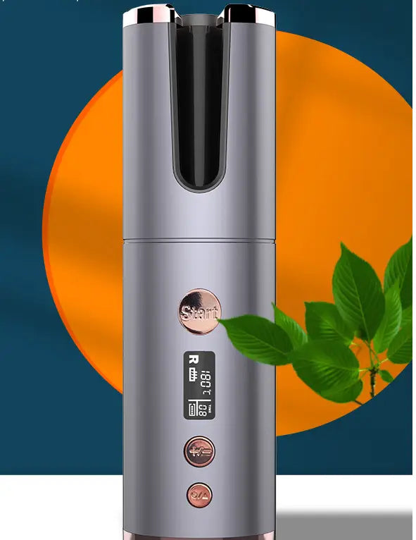 Silver and rose gold wireless rechargeable curling iron electric with digital display showing temperature settings.