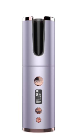 A sleek lavender wireless rechargeable curling iron electric with a digital display and rose gold accents.