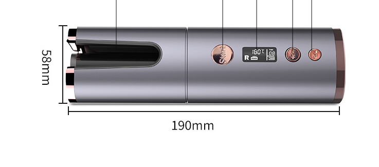 Wireless rechargeable curling iron in silver and rose gold with digital display showing temperature settings for precise styling.