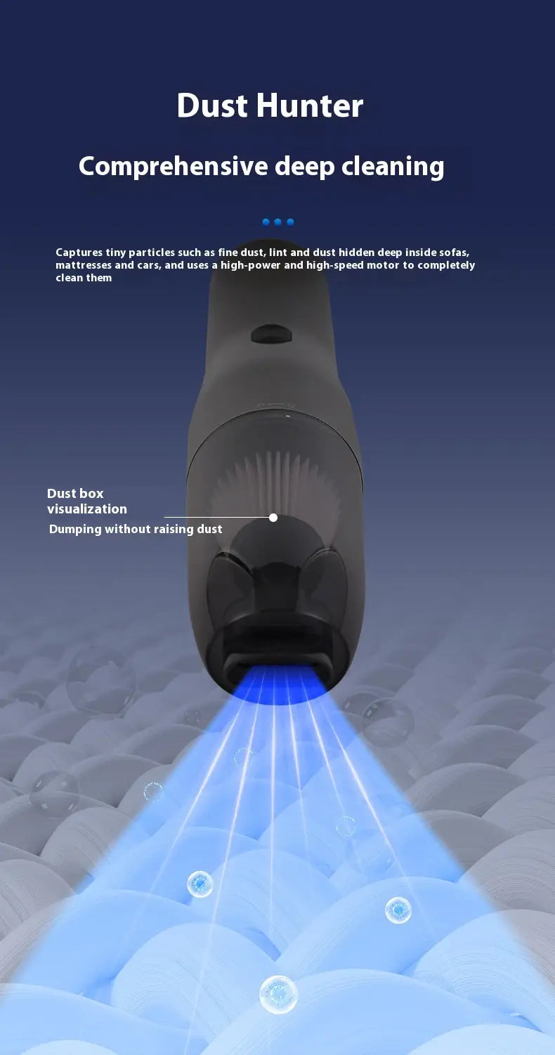 Black car integrated wireless handheld vacuum x1pc with a blue light effect at the nozzle for efficient car cleaning.