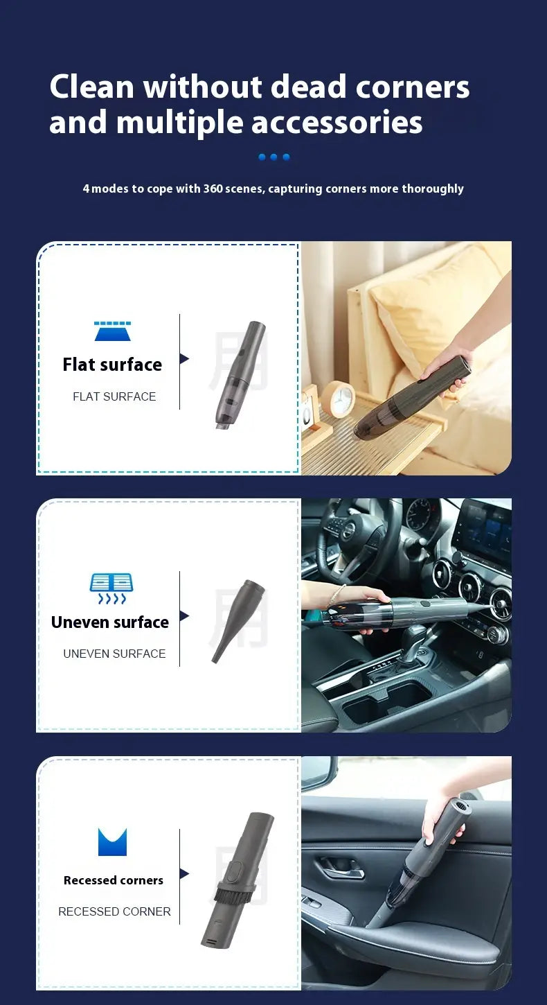 Black car integrated wireless handheld vacuum x1pc with interchangeable nozzles for various surfaces designed for car cleaning.
