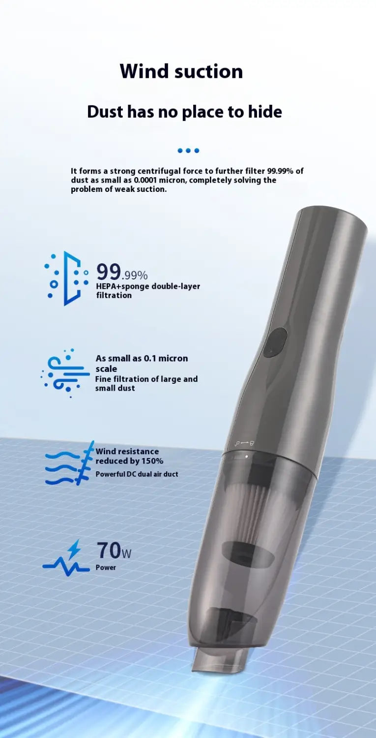 Silver metallic car integrated wireless handheld vacuum cleaner x1pc with sleek cylindrical design and transparent dust collection chamber for car use