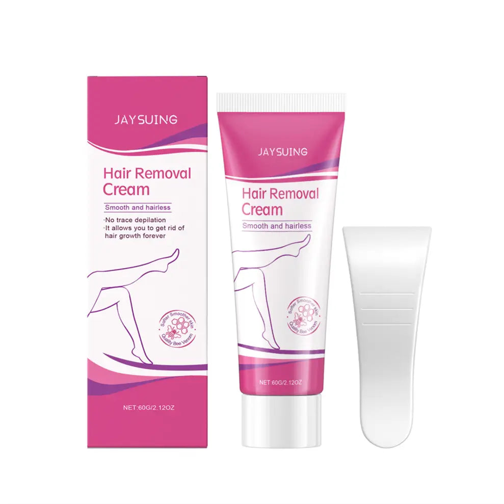 Effective hair removal mousse for body care in a pink and white jaysuing hair removal cream tube with a matching applicator.