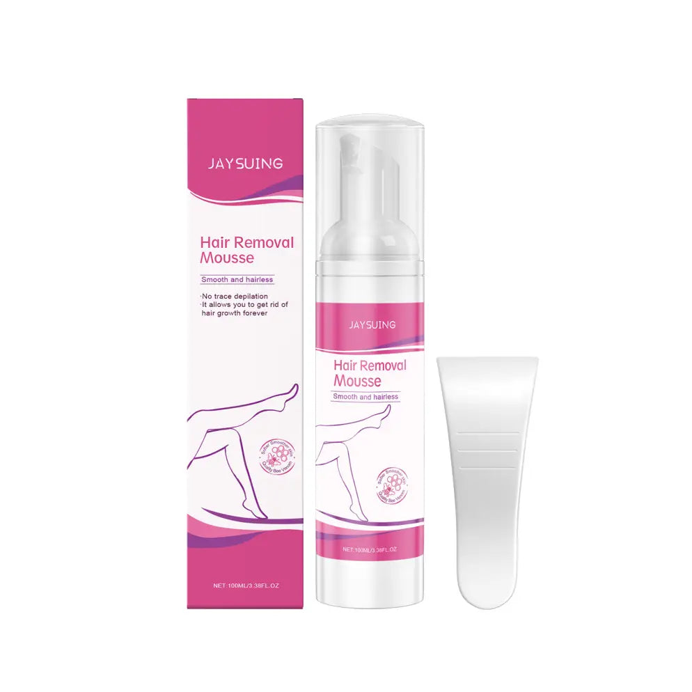 effective hair removal mousse for body care in a pink and white frosted glass bottle with matching packaging designed for gentle and efficient hair removal.