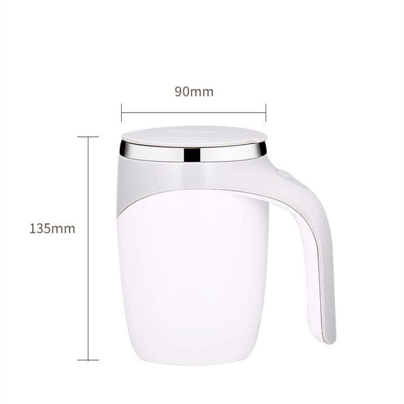 White ceramic rechargeable model automatic stirring cup with sleek curved handle and shiny silver lid