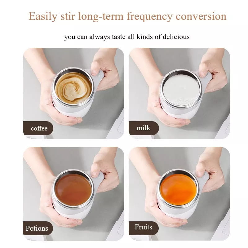 White and silver dual-layered magnetic stirring cup featuring automatic stirring function in a rechargeable model automatic stirring cup design.