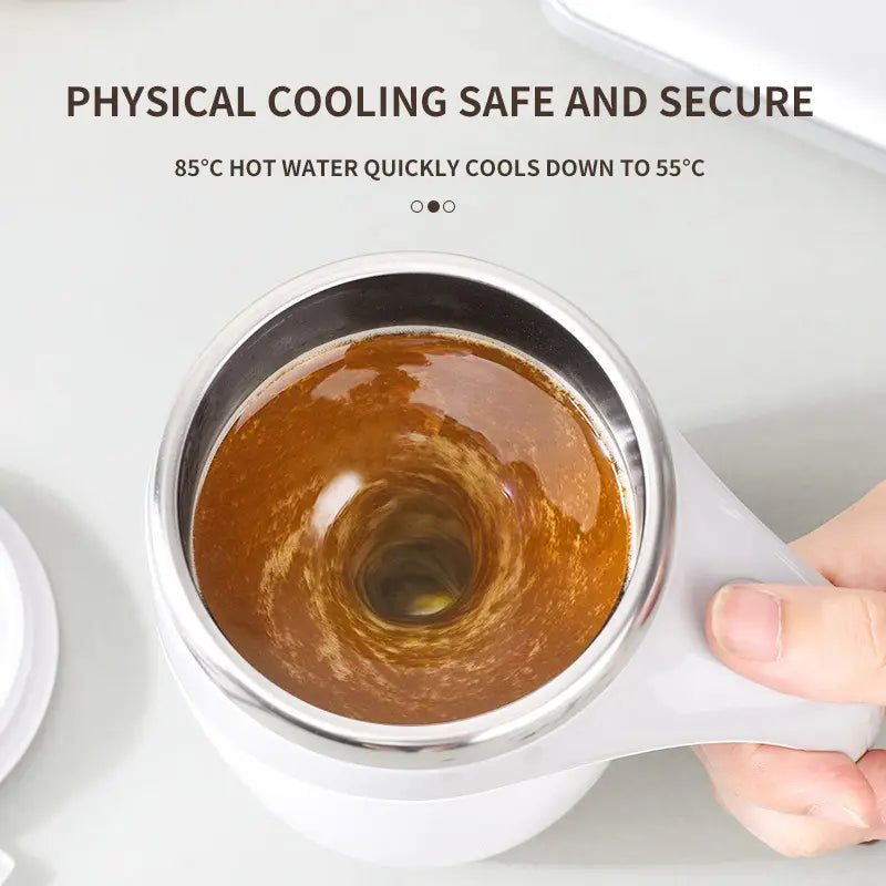 White and silver dual-layered rechargeable model automatic stirring cup with a swirling brown liquid inside designed for physical cooling and automatic stirring.