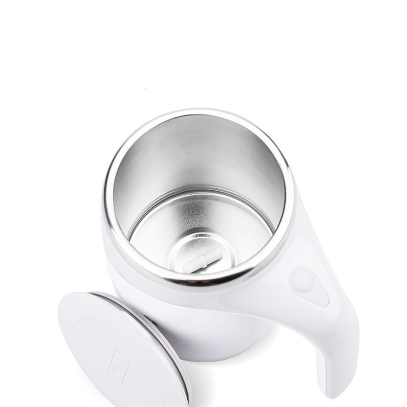 White rechargeable model automatic stirring cup with a sleek modern design and stainless steel interior for efficient automatic stirring.