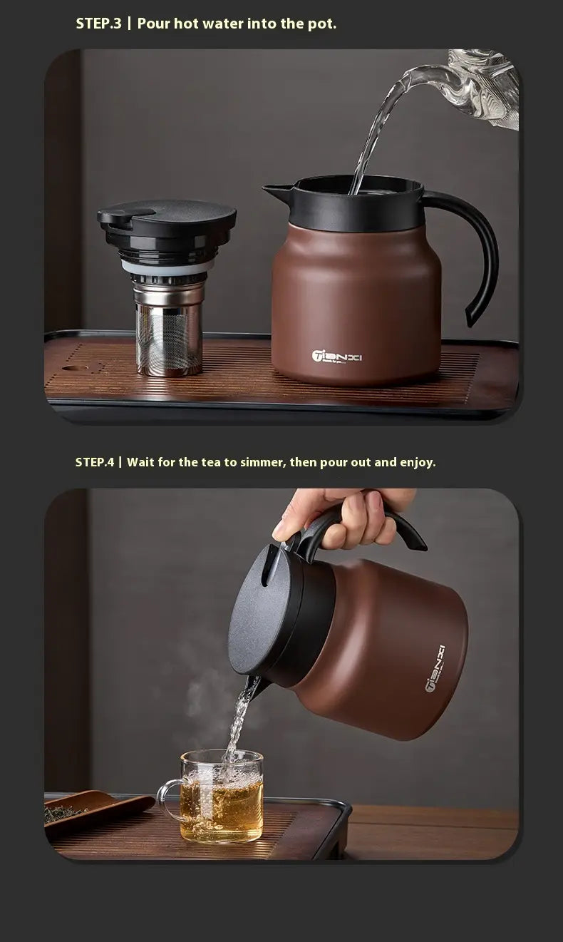 brown insulated tea pot with black handle and lid featuring a stainless steel infuser for large capacity tea water separation