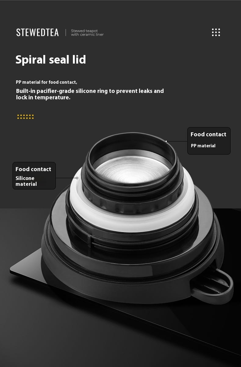 black spiral seal lid with white silicone ring and ceramic liner for large capacity tea water separation carafe designed for food contact