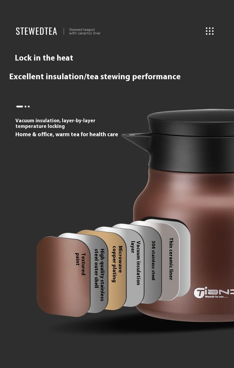 bronze-colored stainless steel large capacity tea stewed teapot with black lid and ceramic liner designed for tea water separation.