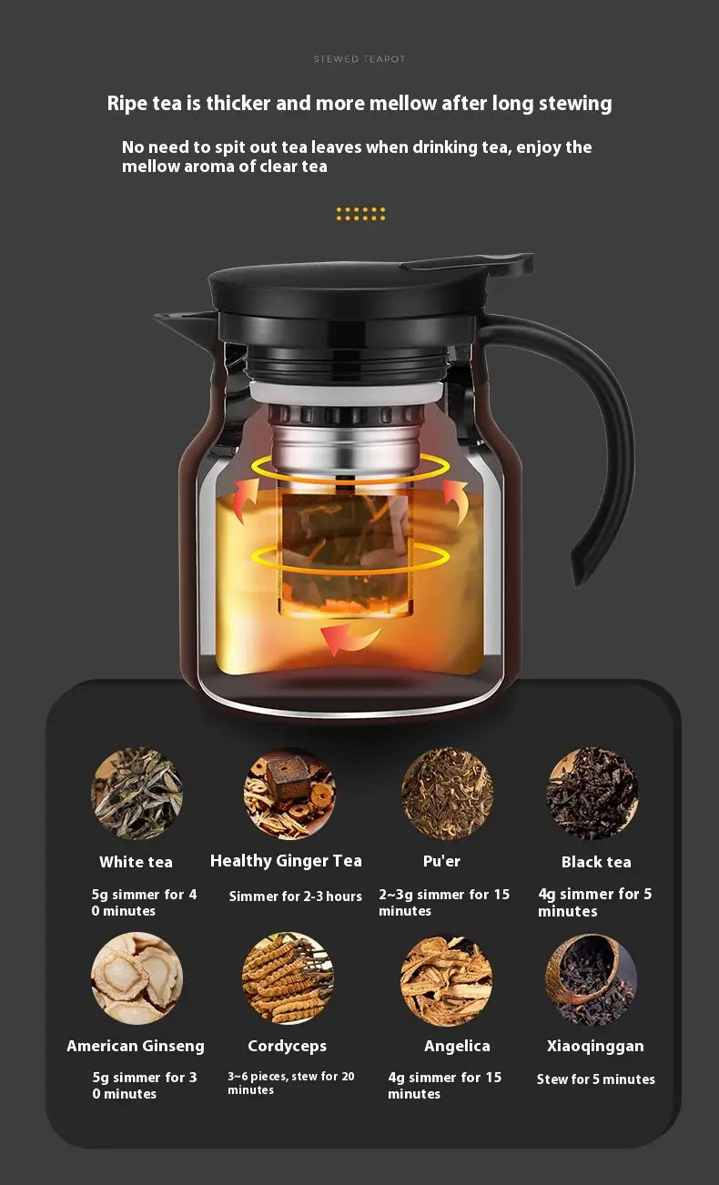 Glass teapot with black lid and handle featuring a stainless steel inner infuser designed for large capacity tea water separation and steeping various teas.