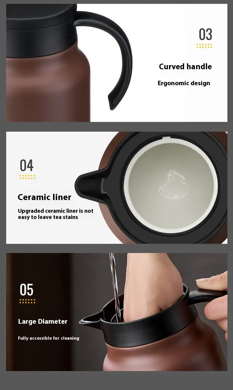 large capacity tea water separation carafe with brown insulated thermos body, black curved handle, and ceramic inner lining for efficient tea water separation.