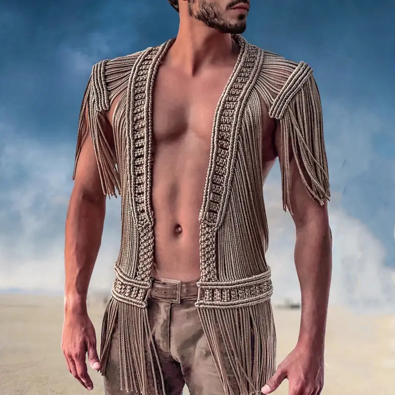 Beige macramé vest with intricate woven patterns and fringe detailing featured in a tassel dress creative beach travel set.