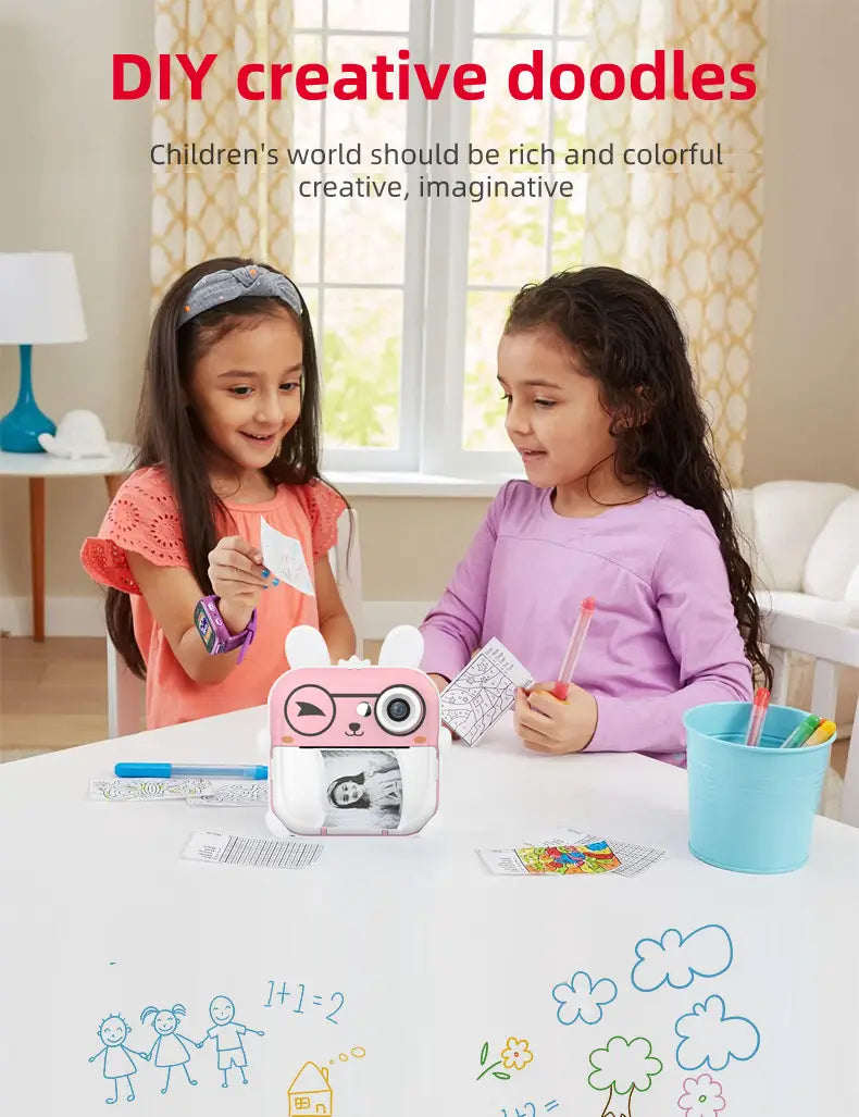 pink and white cartoon rabbit-shaped diy creative doodle printer designed as a polaroid children’s cartoon camera with rabbit 32g high-speed printing capability