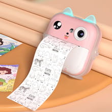 Pink rabbit polaroid children’s cartoon camera with a pink cartoon camera design featuring cute cat ears, expressive eyes, a soft plastic body, and a roll of printed photos emerging from the front.